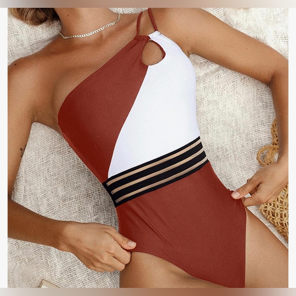 Hilinker Women's Mesh One Shoulder Color Block One Piece Bathing Suit Size Small